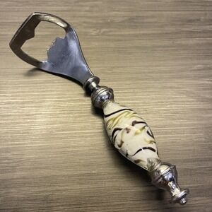 Bottle Opener‎ With White Glass Handle Purple And Gold Swirls
